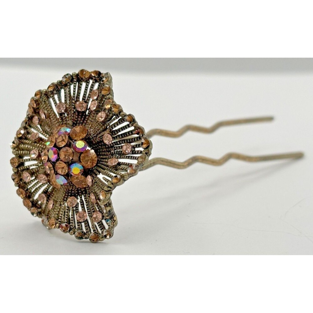 Vintage SOHO Signed Hair Stick Aurora Borealis Floral Jewelry Goldtone Metal HTF